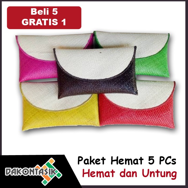 Paket Hemat Buy 5 Get 1 Free - Clutch Anyaman Pandan Polos Kombinasi Warna