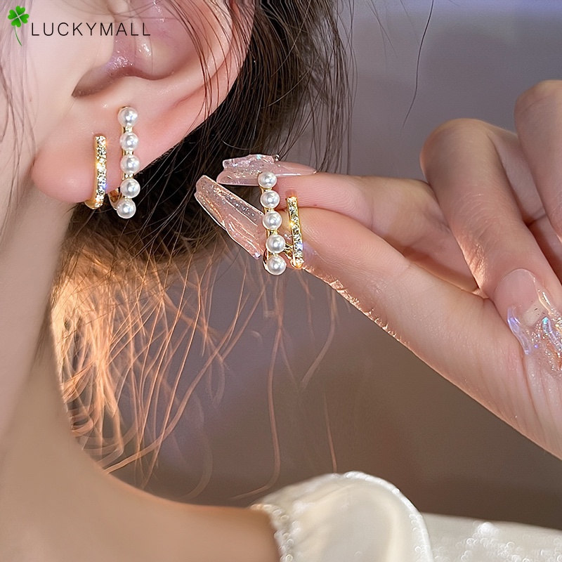 Anting Stud Kristal Mutiara Warna Emas Untuk Wanita