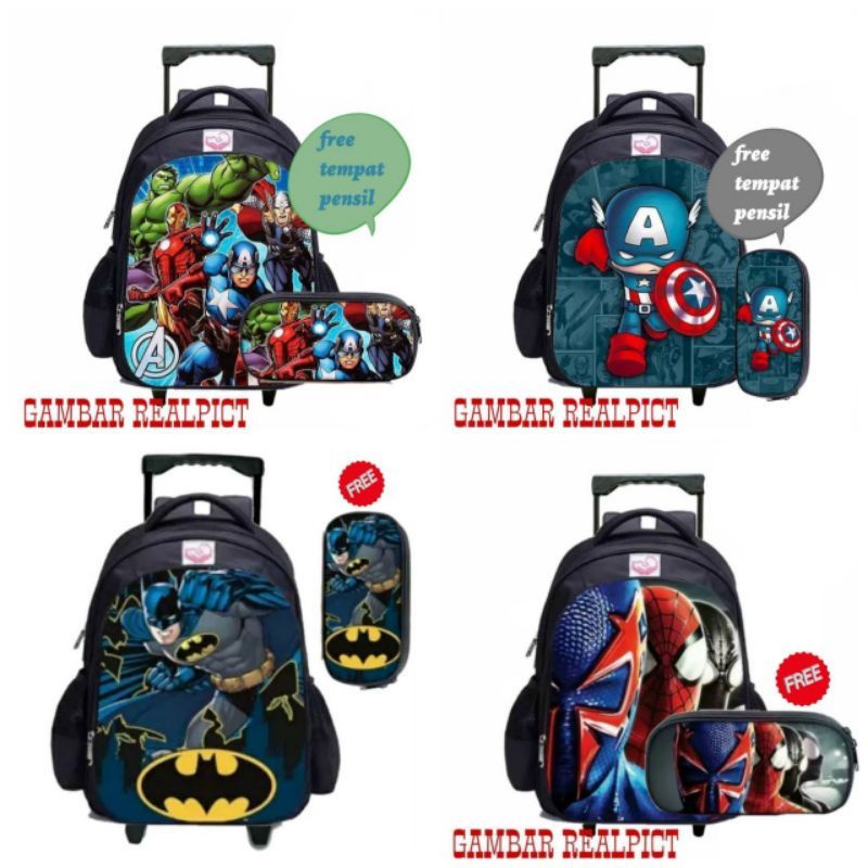 Tas Ransel Troli Anak Karakter Superhero/ Tas Ransel Trolley Dorong Anak Laki-laki Free Pouch [BISA COD]