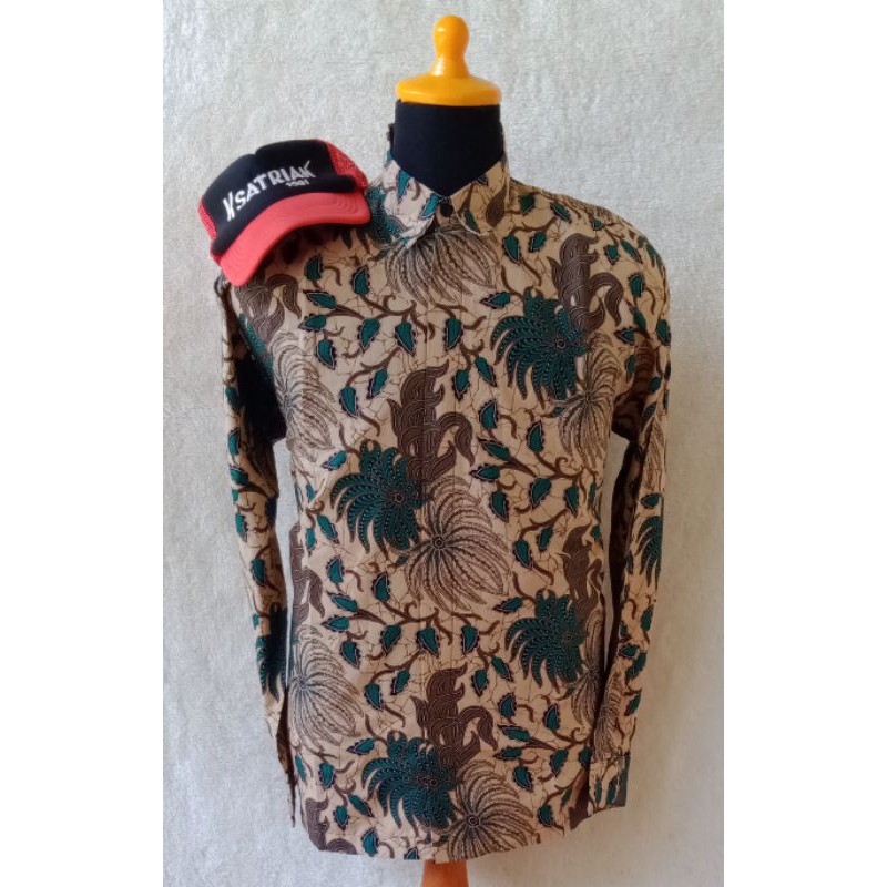 Kemeja Batik Ayah Anak [Batik Warna Ijo Botol] Dasaran Coklat Susu, Corak Hijau