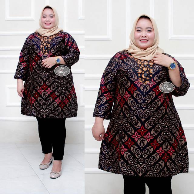 [ TERLARIS ] BLOUSE BATIK JUMBO ATASAN WANITA KERJA KANTORAN BATIK PRADA KOMBINASI MAROON NAVY KREM