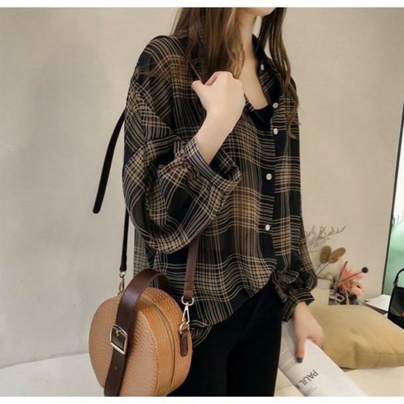 KHS GUILEN OVERSIZE SHIRT / KEMEJA WANITA KOTAK BAHAN KATUN-Hitam - Kemeja