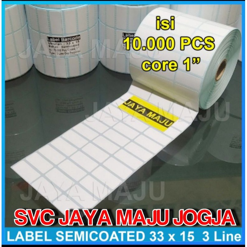 

33 X 15 SEMICOATED - 3 LINE - FACE OUT - ISI 10.000 PCS || CORE 1" || LABEL BARCODE PAKAI RIBBON THERMAL TRANSFER STIKER LABEL ONDERDIL PART SPAREPART SUPERMARKET SWALAYAN TOKO OLEH-OLEH || 33X15 LABEL BARCODE PRINTER SEMICOAT - 10000 PCS
