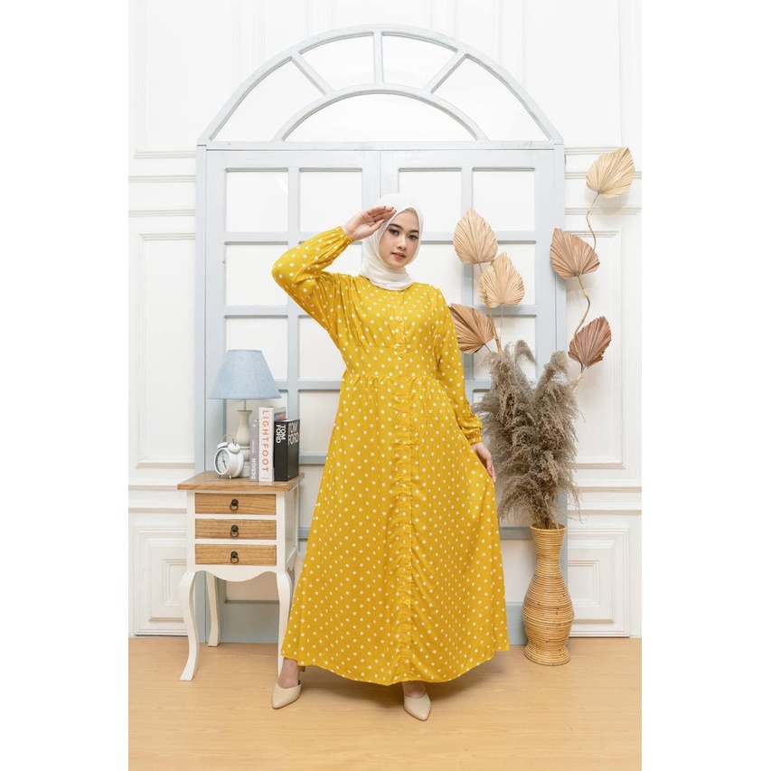 Gamis Terbaru Polkadot Andara Rayon Premium Dress Wanita Lengan Panjang  Baju Muslim Kekinian LD 110 cm