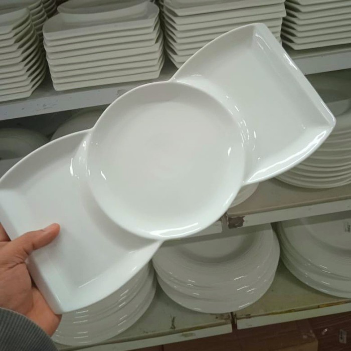 Piring Saji / Makan Sekat Panjang Keramik Porcelain Putih Polos - 35x16cm