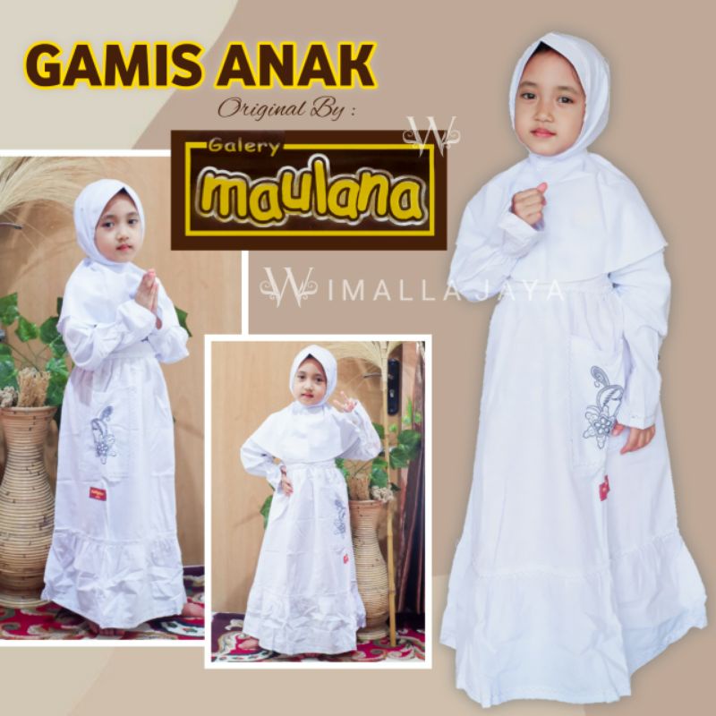 GAMIS ANAK PUTIH PUTRI  usia 3 - 14  thn bahan katun lgkap plus hijab harga promo original maulana