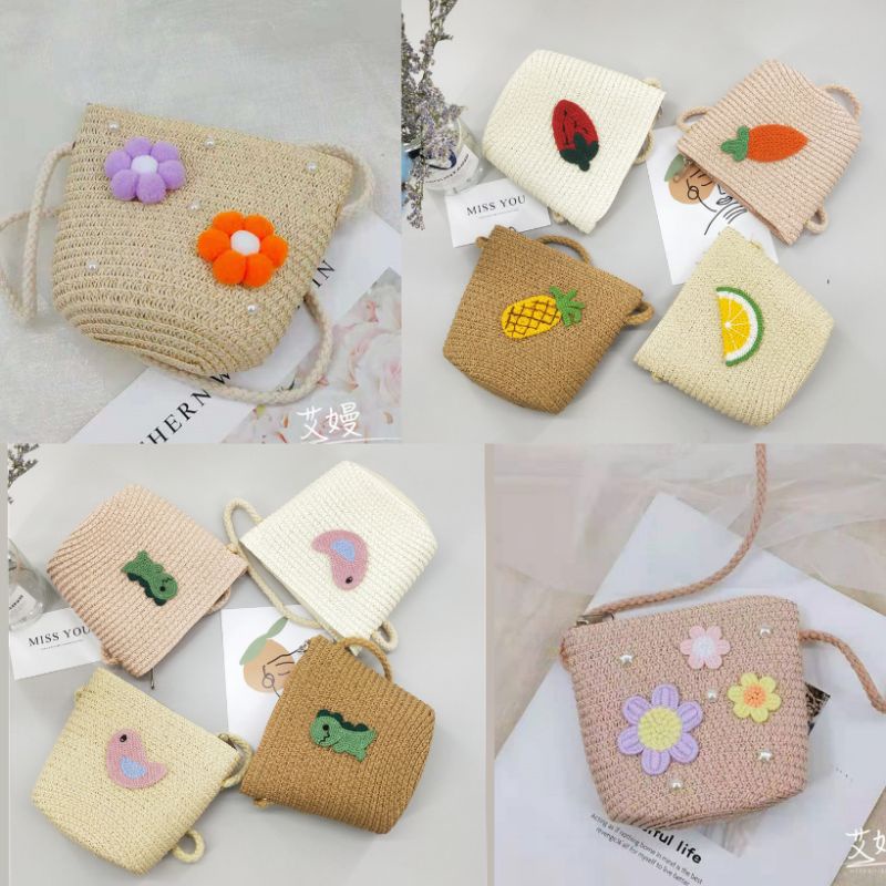 DBCOL Tas Selempang Anak Bahan Rajut Model Korea Motif Bunga Pearl/Slingbag Fashion Anak Gaya Korea