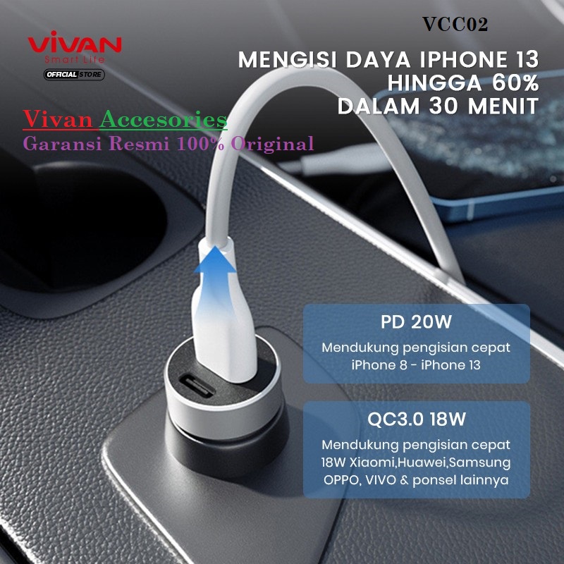 Vivan VCC02 Dual Port PD Fast Charging 20W Car Charger USB-C Cable