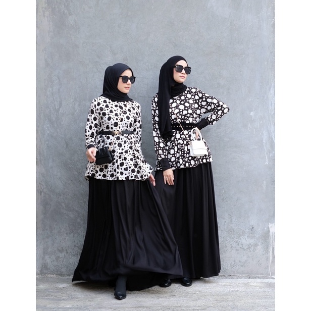 Ounadoutfit dress gothic polkadot busui wanita kekinian hitam putih / homedress rayon motif / outfit muslim motif / dress monocrom / baju polkadot wanita