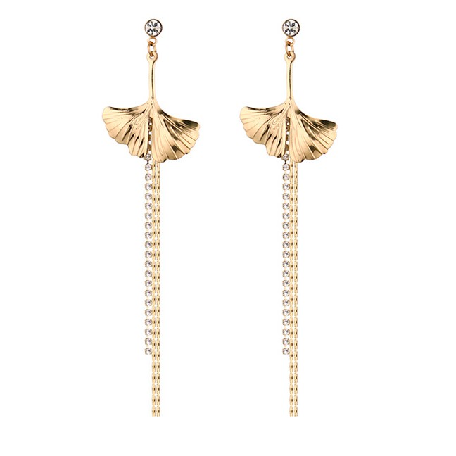 LRC Anting Tusuk Elegant Gold Color Ginkgo Leaf Shape Design Long Tassel Earrings Y60618