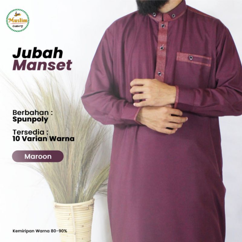 Baju Jubah Gamis Pria Lengan Panjang Model Saudi Bahan Katun Dengan Manset di Lengan-Maroon