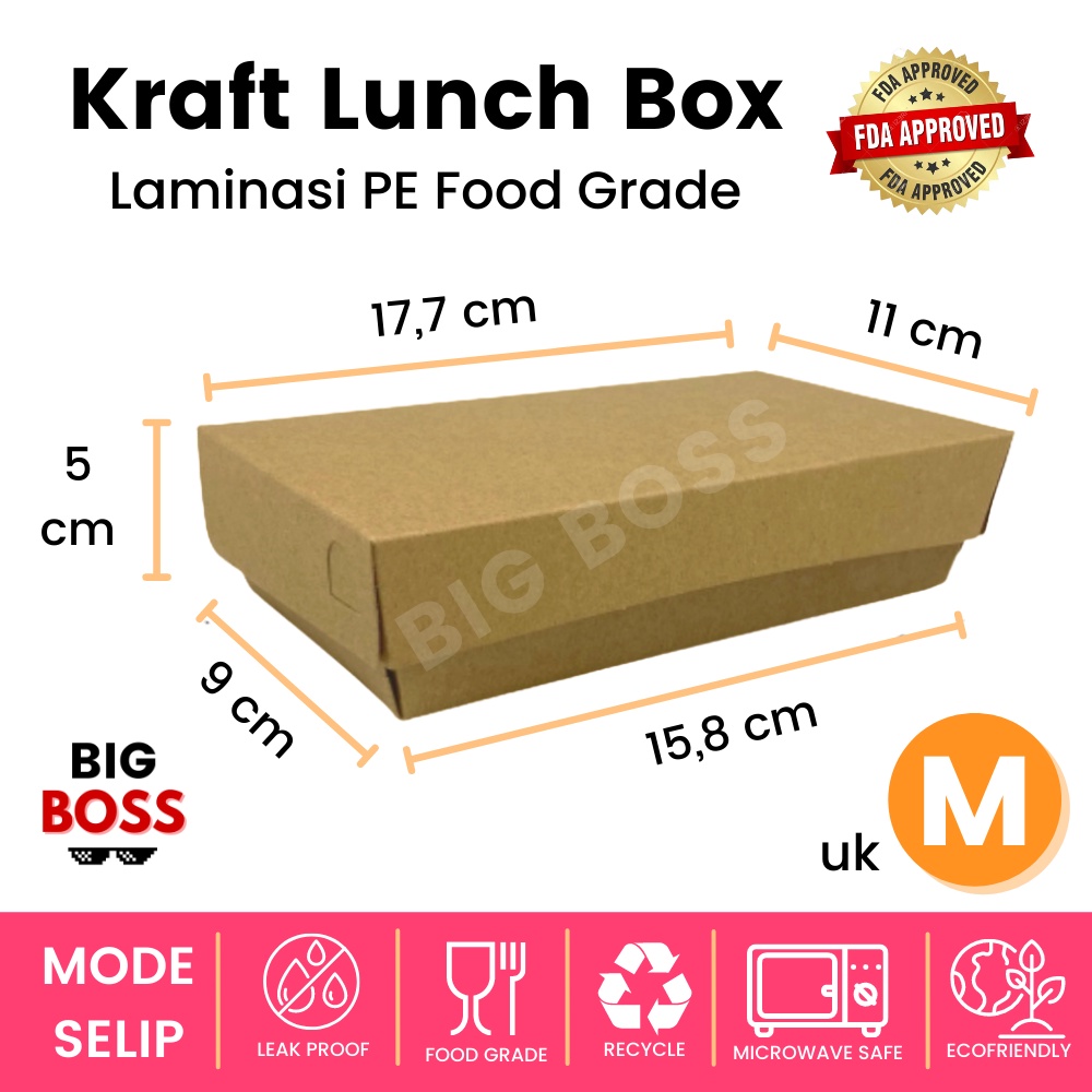 Lunch Box Paper Kraft Coklat Laminasi Ukuran S/M/L Tebal 290gsm