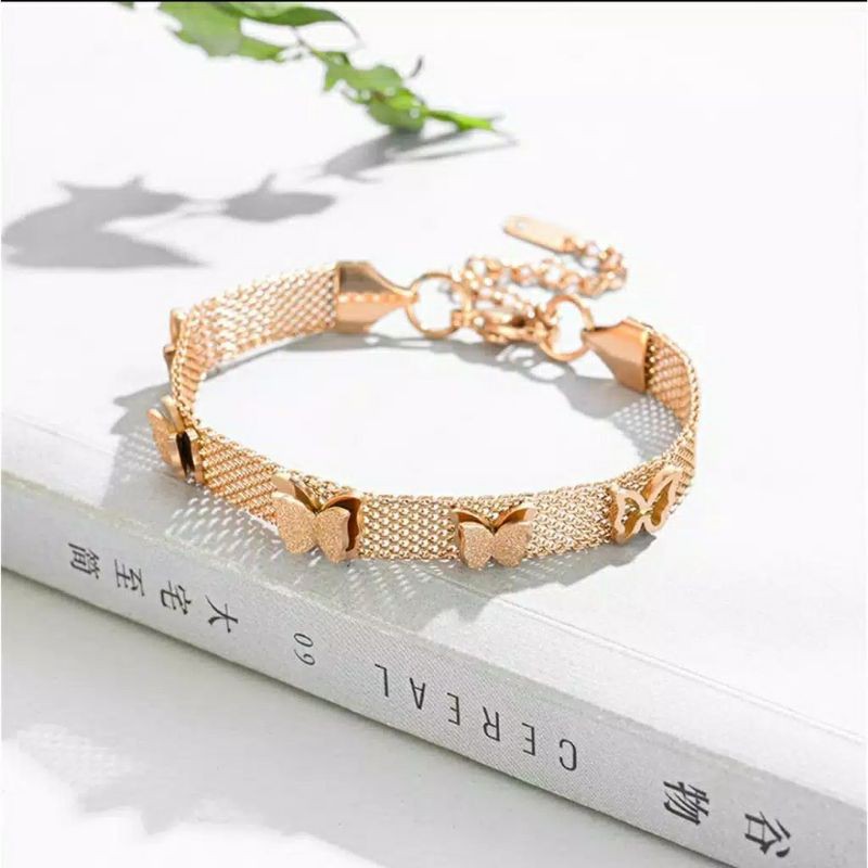 Fourfashion Gelang Jaring Titanium Aksen 5 Kupu-Kupu Tersedia Warna Rose Gold dan Gold TS02