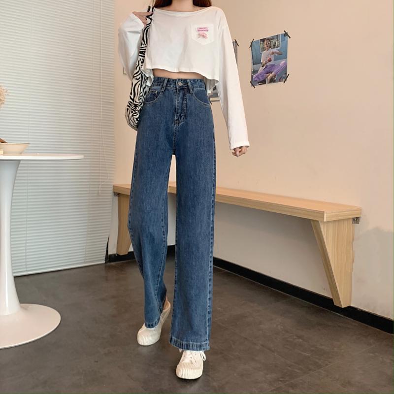 Celana Jeans Wanita High Waist Korean Style Straight Denim Pants Loose Wide Leg