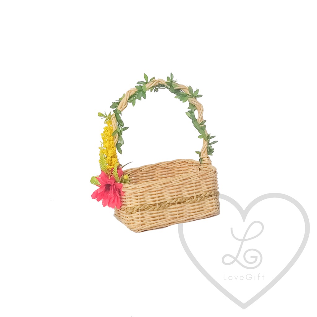 Keranjang Rotan Kotak Gagang Ring Bearer Tabur Bunga Vas Bunga Dekorasi Aksesoris Rumah