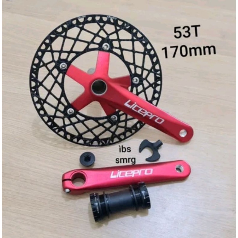 Crank Set HT2 Sepeda Arm Chainring Litepro Spider 53T Black Red Hollowtech II - Hitam Merah Crankset Folding Bike Roadbike Seli Litepro 53 T 170mm sepeda lipat