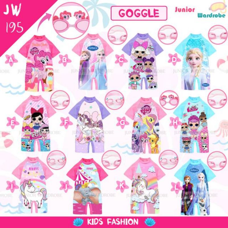 BAJU RENANG PLUS KACAMATA RENANG ANAK PEREMPUAN JW 195. BAJU RENANG ANAK KARAKTER IMPORT