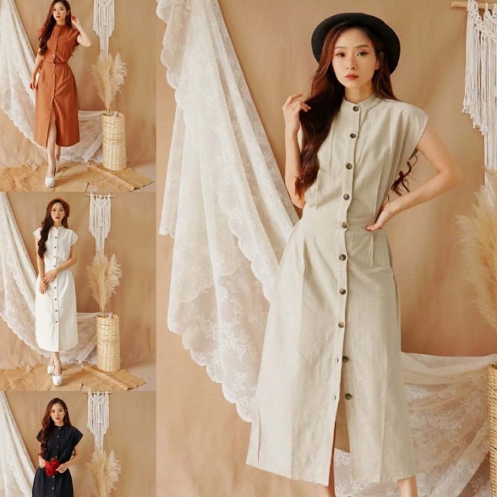 Midi Dress Button Casual Elegant Baju Wanita Safari Korean Look BC - Putih(G1T2) midi dress korea VI