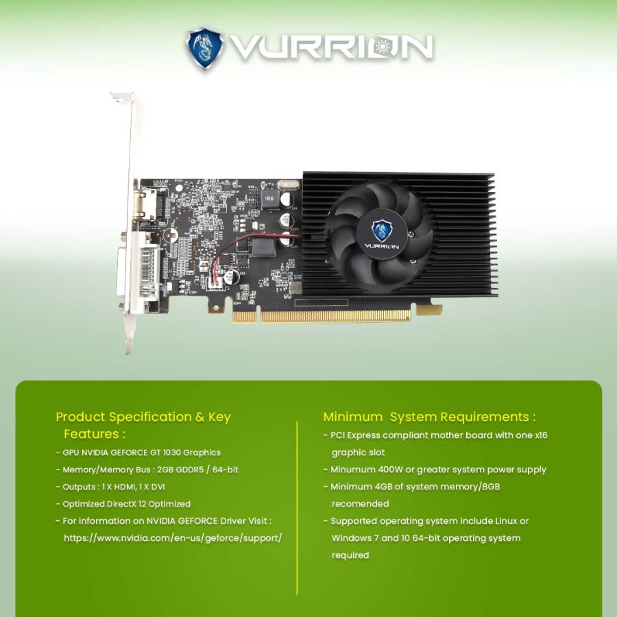 VGA VURRION GT 1030 2GB DDR5 2GB 64BIT GAMING VGA ORI TOP GAN