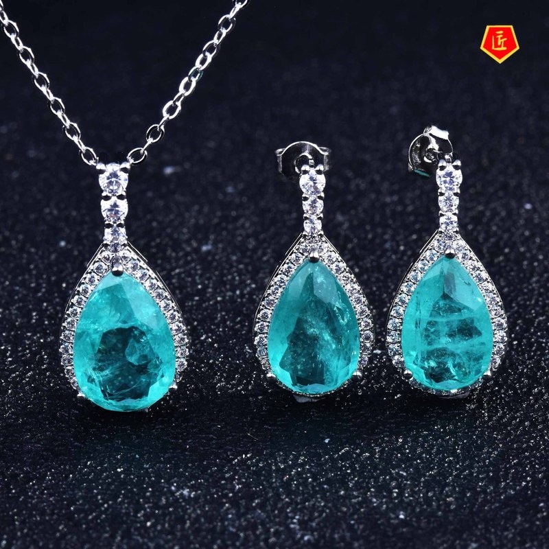 [Ready Stock]Luxury Colored Gems Necklace Set Elegant Ear Studs