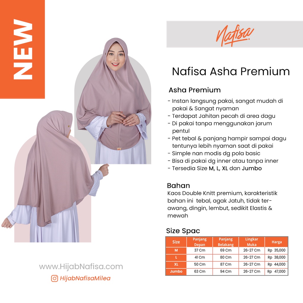 Jilbab Instan Bergo Nafisa ASHA PREMIUM | Hijab Instan Bergo Pad Kecil Antem Minang Polos Kerudung Instan Ukuran Kaos TC