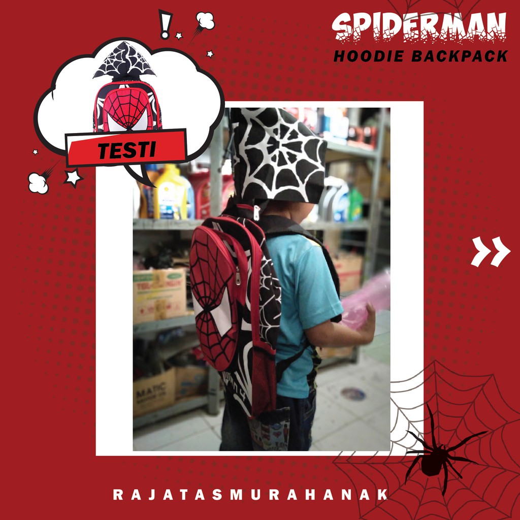 Tas Ransel Anak Laki Laki Karakter - Spiderman Hoodie.RTM / Bonus Tutup Kepala + FREE Botol Minum