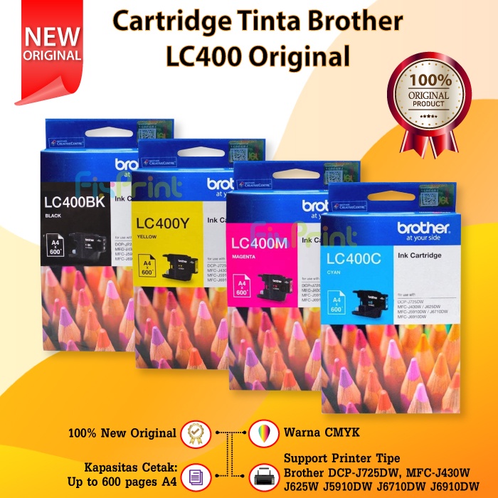 Cartridge Tinta Brther LC400 LC400BK LC-400, New Original Ink Printer DCP-J725DW MFC-J430W J625W J5910DW J6710DW J6910DW