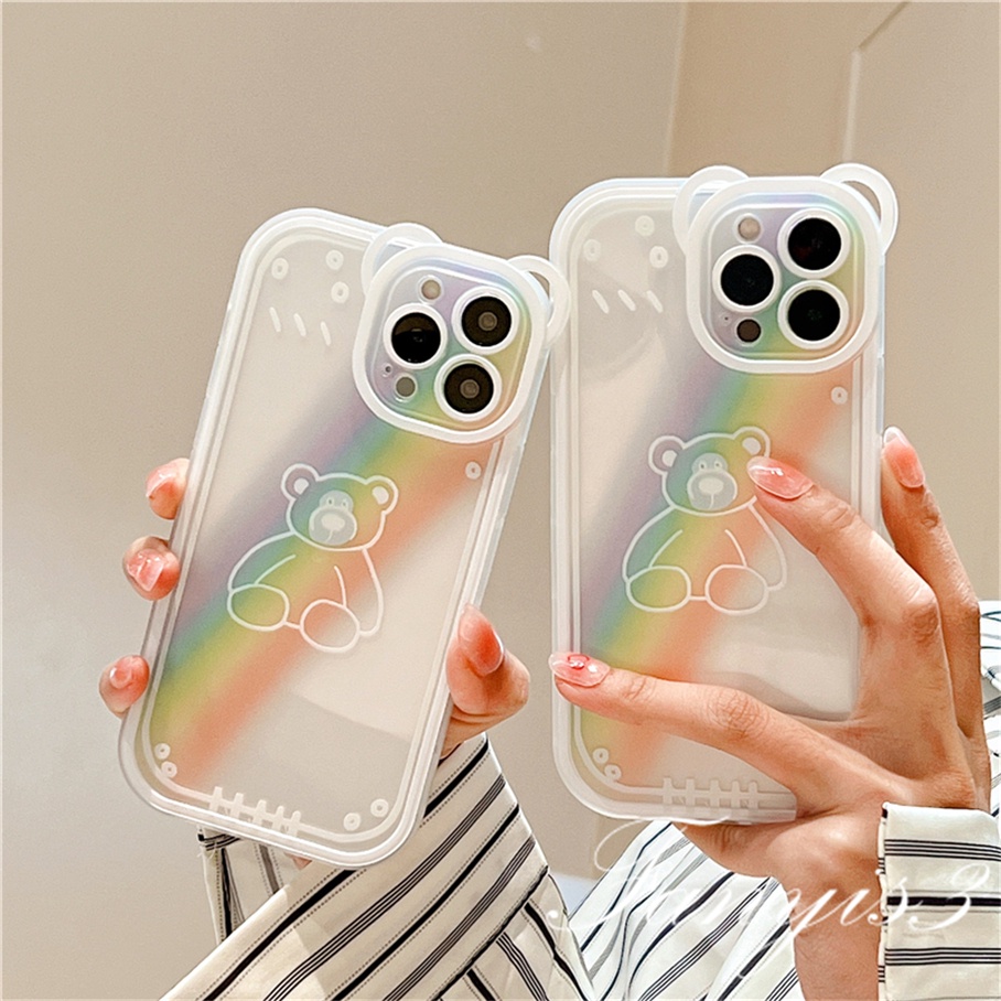 Compatible For iPhone 14 13 12 11 Pro Max X XR Xs Max 8 7 6 6s Plus SE 2020 Soft Case Pelindung Desain Telinga Kucing Warna Pelangi Untuk