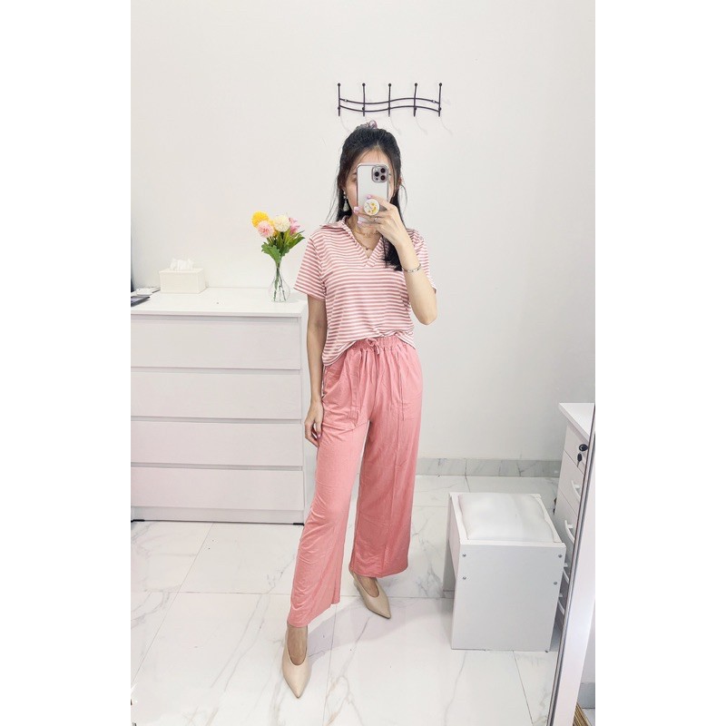 setelan wanita kulot ,oneset atasan+kulot panjang.stelan salur combi polos murah.set kemeja kulot