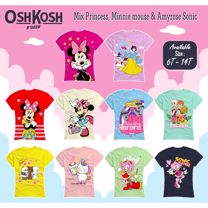 Kaos princess, minnie mouse, amyrose sonic size junior 6-14 tahun Kaos girl junior size 6-14t kaos Lengan pendek by polkka kazoku