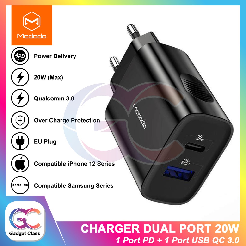 Mcdodo Kepala Charger Dual 20W QC PD 3.0 Fast Charging iPhone Samsung