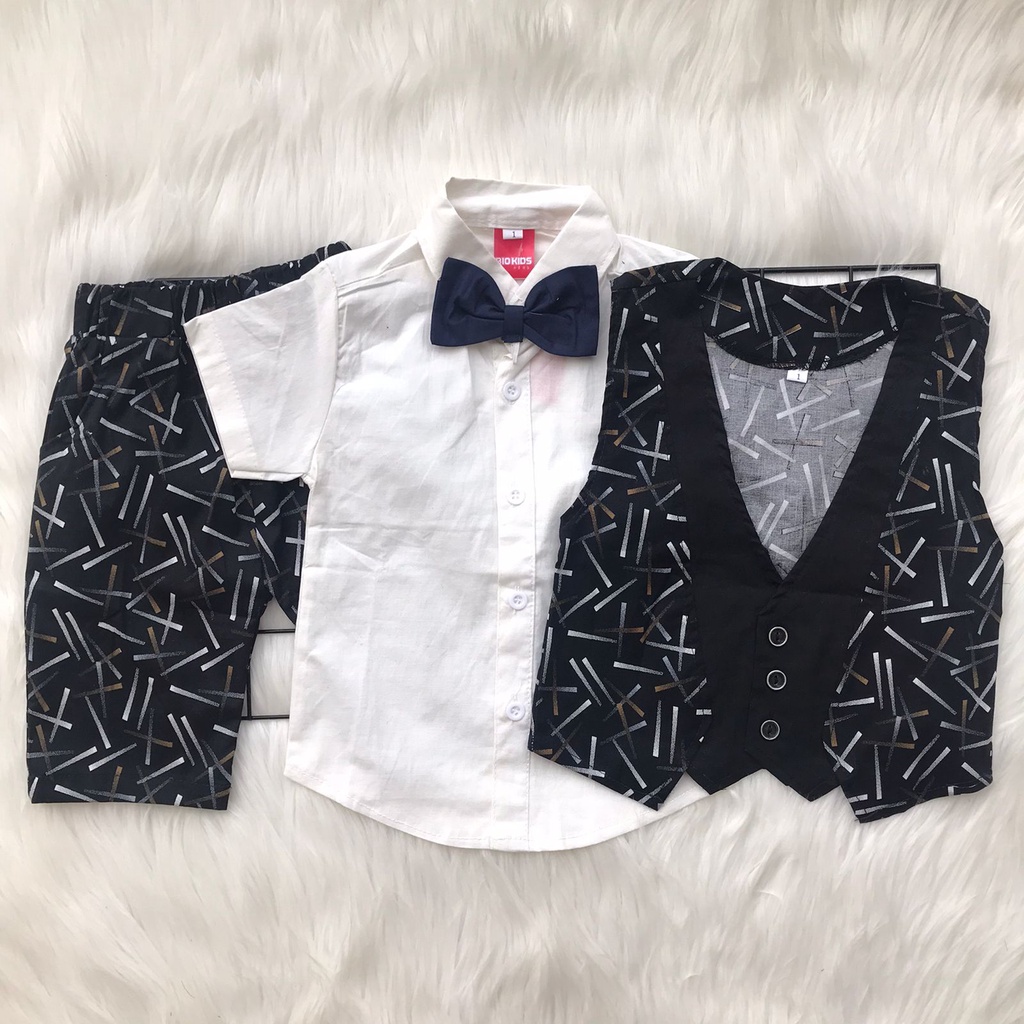 Baju setelan 4in1 kemeja vest celana dasi pergi hangout fashion anak bayi cowok laki murah -SAM