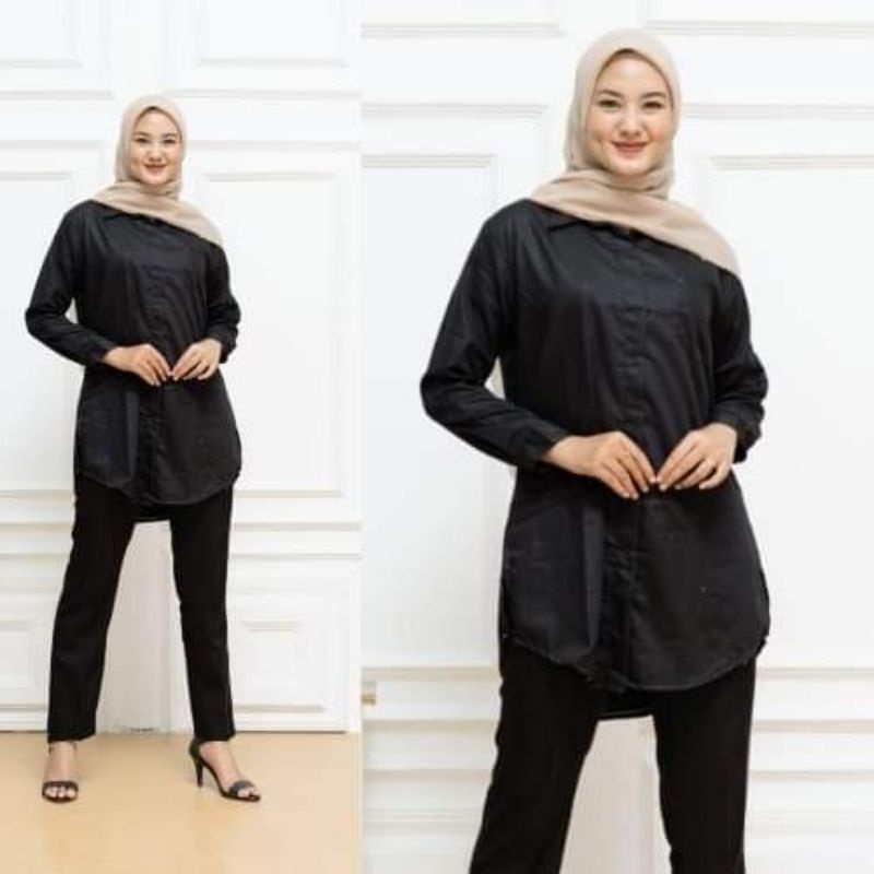 Baju Atasan Wanita Muslim Kemeja Tunik Hitam Polos Katun Toyobo Premium