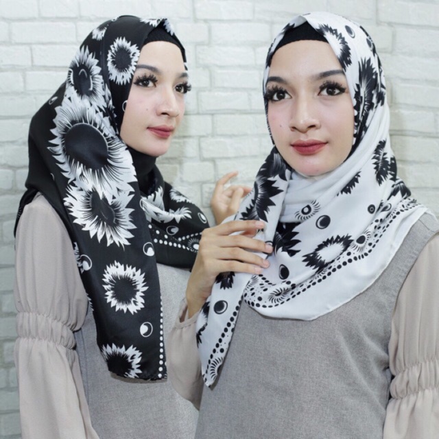 Hijab Pashmina Satin Printing Motif, Kerudung / Jilbab Pashmina Motif ( Sun Flower )