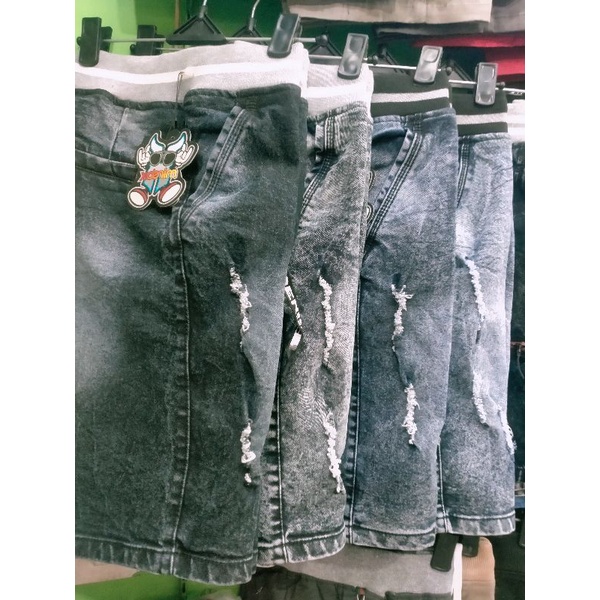 celana pendek jeans sanwost sobek/celana pendek jeans premium tebal sobek pinggang karet,kolor size : ML,XL,2L