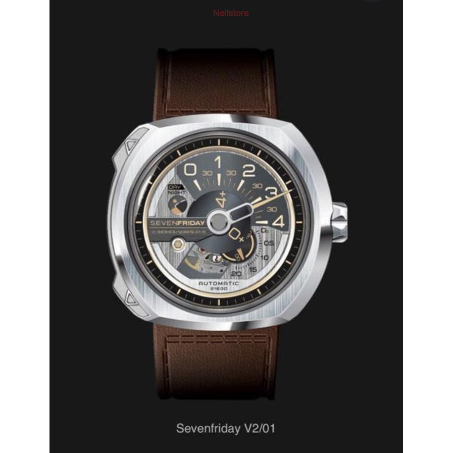 Seven friday v201 series automatic silver brown leather strap