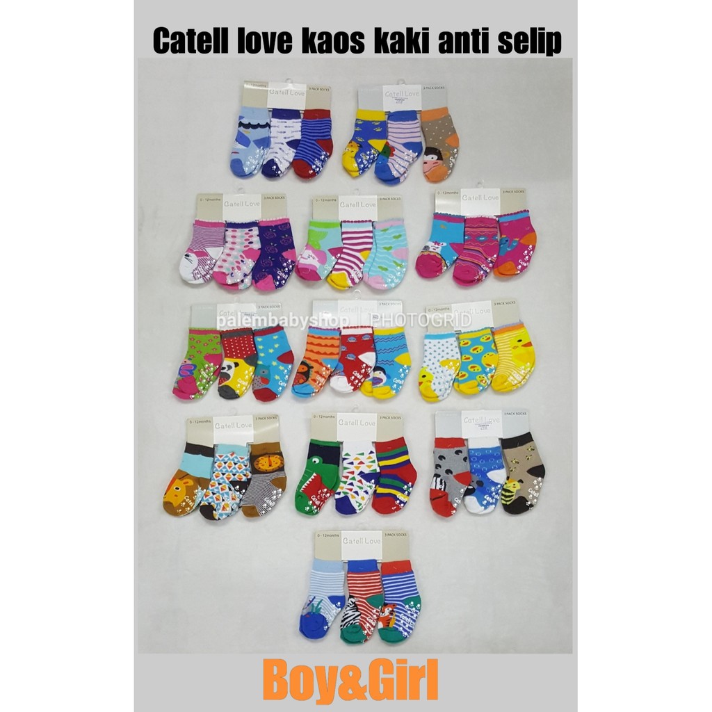 kaos kaki bayi boy&amp;girl anti selip tebal catell love 0-12 bulan 3pcs 114711