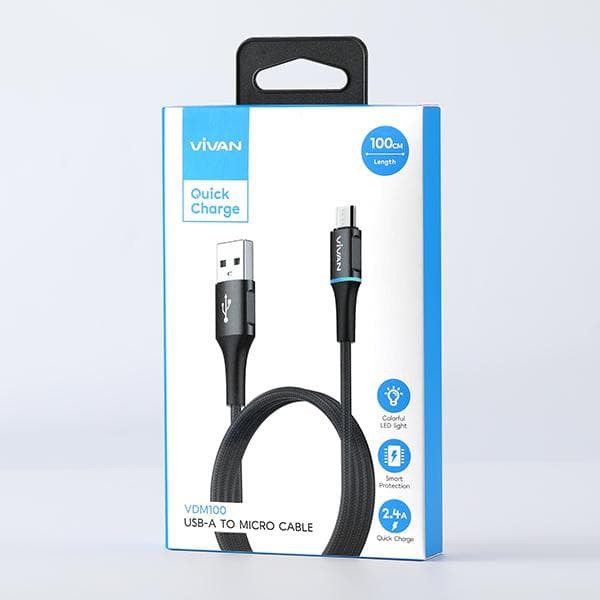 (NEW) Vivan VDM100 Micro USB Data Cable 2.4A LED Light Quick Charge (BY 88ACC)