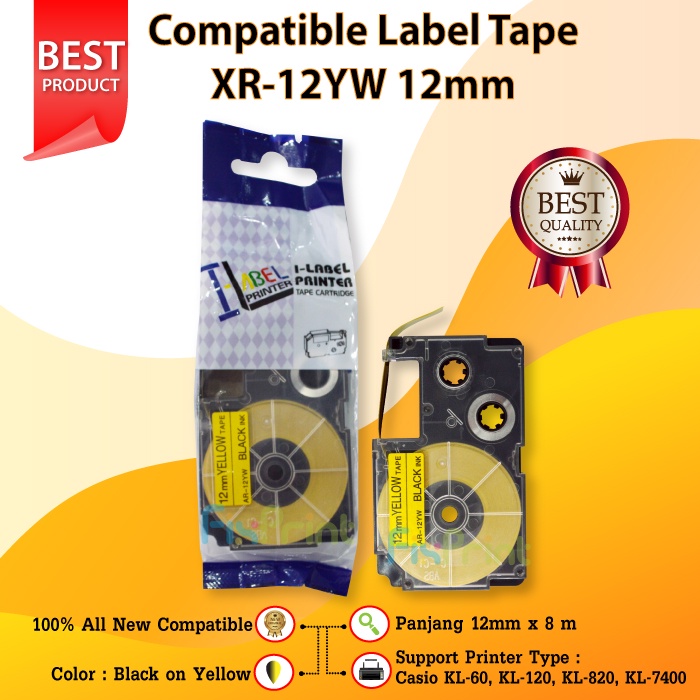 

Label Tape Casette XR-12YW1 XR-12 Black on Yellow 12mm Printer Casio KL-60 KL-120 KL-820 KL-7400