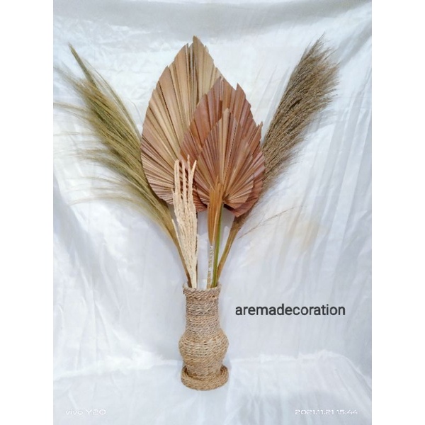 Paket murah daun palem kering + vas guci / dekorasi