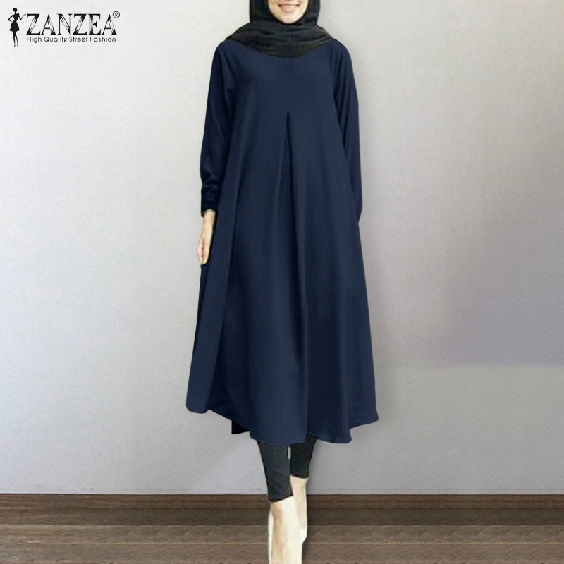 ZANZEA Women Solid Color Casual Button Cuffs Muslim Long Dress