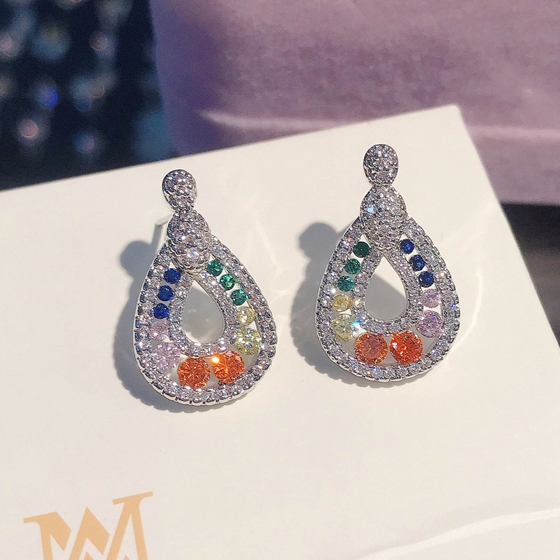 Fancyqube Anting Stud Kristal Zircon Bentuk Tetesan Air Warna-Warni Untuk Wanita