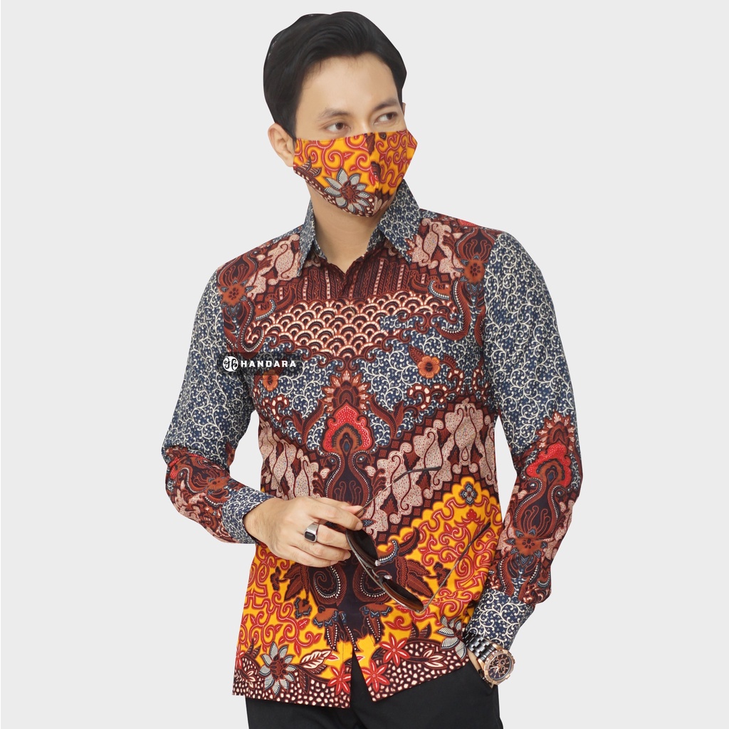 Baju Kemeja Batik Pria Lengan Panjang Slim Fit Premium Modern Full Furing Katun Halus Original Handara Motif Wishaka Biru Oren HB-190