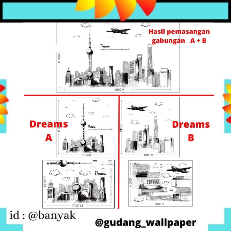 WALLSTICKER STIKER DEKORASI RUMAH CAFEE DINDING TEMBOK KAMAR RUANG TAMU DREAMS DREAM PESAWAT TOWER PARIS TOWERING