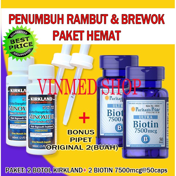 Paket Duo Kirkland Minoxidil 2 +Biotin 7500mcg @50caps 2 Bonus Pipet Ori