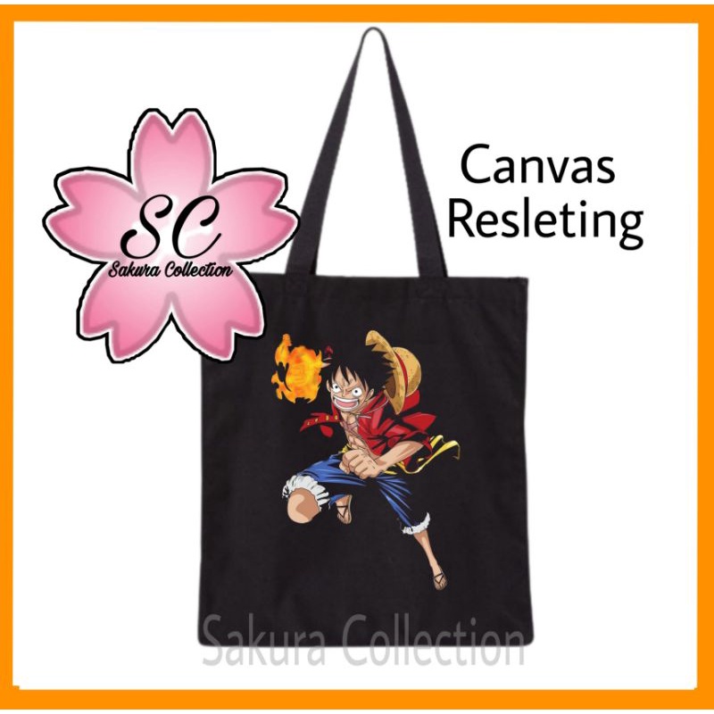 Tote bag Anime One Piece Monkey D Luffy Api Otaku Jepang totebag resleting / canvas / tas jinjing hitam polos / tas ngaji / tas sekolah/ tas kuliah / tas laptop / tas main / tas belanja