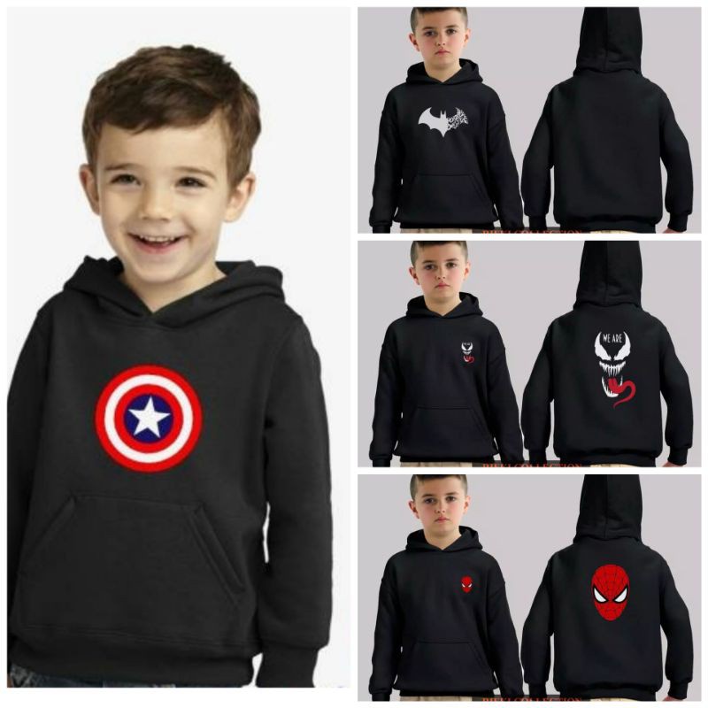 Jaket Sweater Hoodie Superhero Terlengkap Anak Laki Laki Umur 1 - 11 Tahun Spiderman Batman Venom Kapten Amerika Murah Warna Hitam KE5