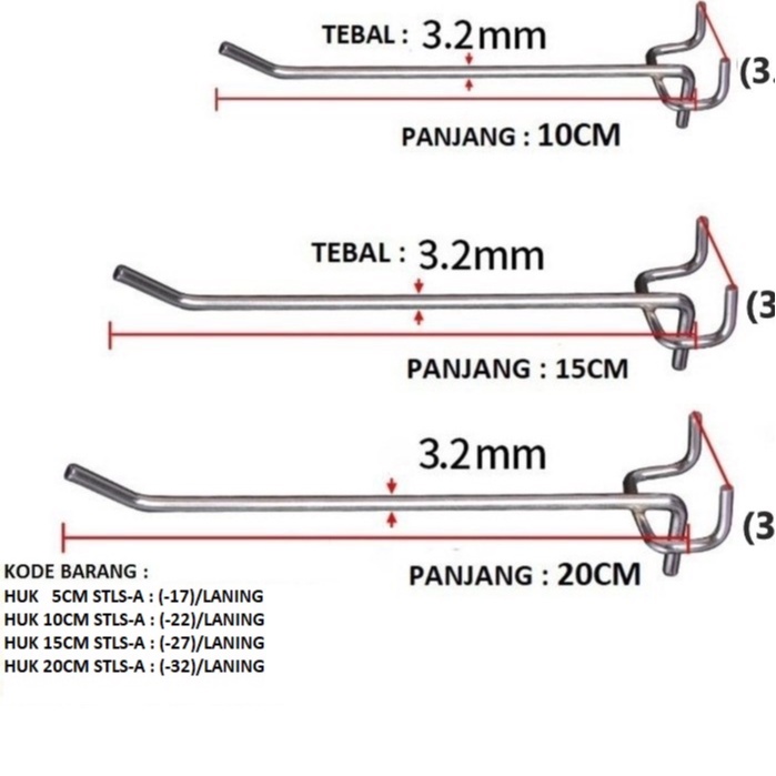 Hook stainless  3 kaki Untuk Kawat Ram uk,5cm 10cm 15cm 20cm 25cm Harga/pc