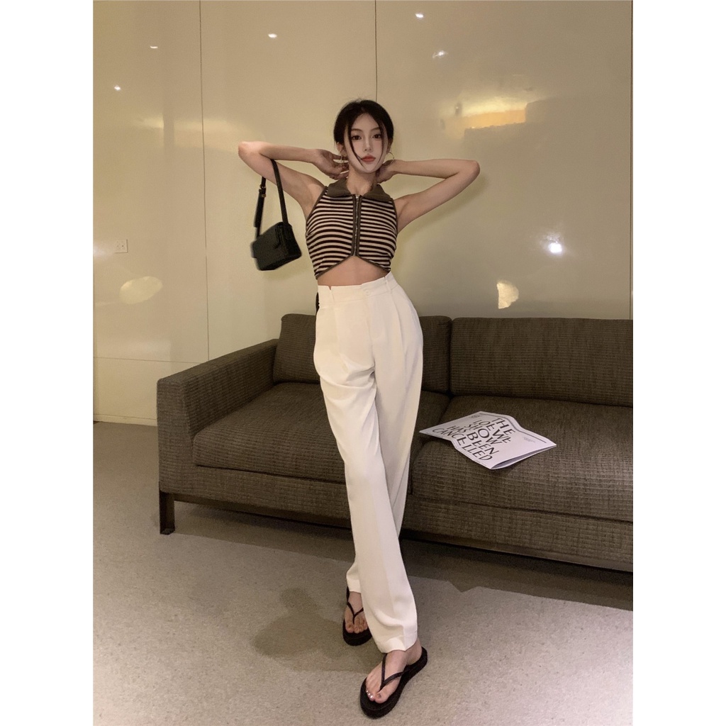 Pinggang Tinggi Setelan Lurus Celana Kasual Wanita 2022 Musim Panas Baru Hitam Slim Menggantungkan K