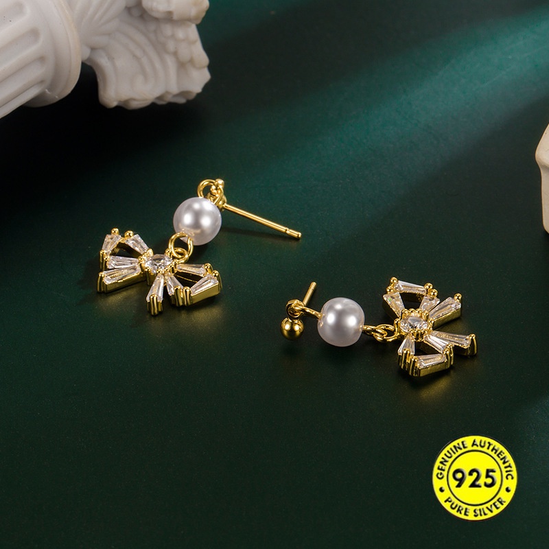 Anting Tusuk Sterling Silver 925 Model Pita Dengan Mutiara Untuk Wanita